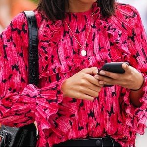 $495 KENZO PARIS Floral Pleated Crepe Blouse